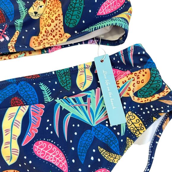 NWT Cheetah Print Mutilcolor Safari Two Piece High Waist Boho Bikini Size Large - Picture 3 of 11